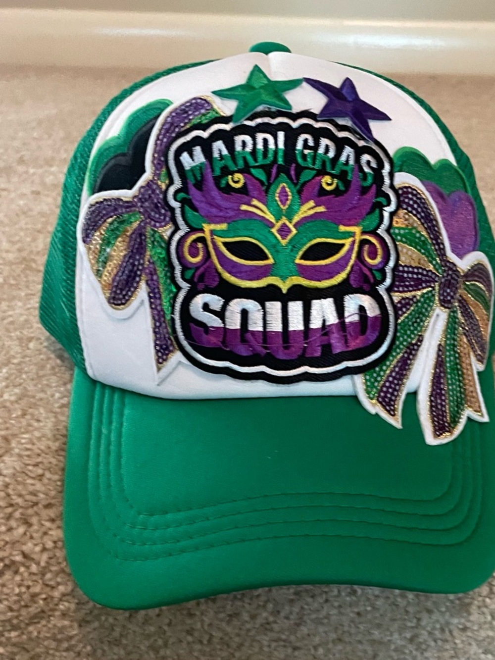 Women’s Custom Made Mardi Gras Squad Green Trucker Hat